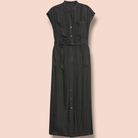 Banana Republic Petite Grey Silky Short Sleeve Button-Up Belted Maxi Shirt Dress - Picture 1 of 10